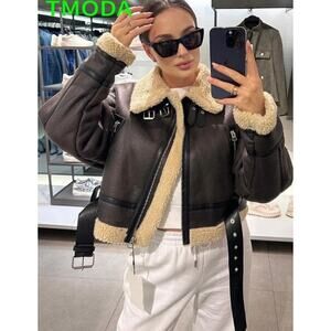 Zara Women’s Brown Leather Aviator Buckle Jacket